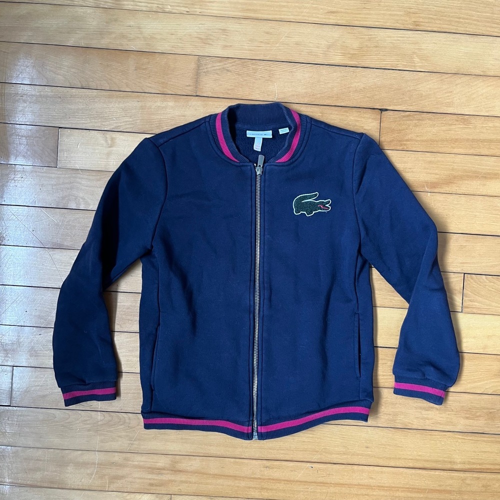 Lacoste Girls Navy Blue Pink Striped Bomber Zip Up Sweatshirt Size 10 140cm